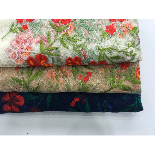 Colorful Flower Embroidery On Lace Mesh