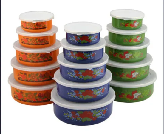 Enamelware Kitchenware Enamel Storage Bowl Set with Plastic Cover