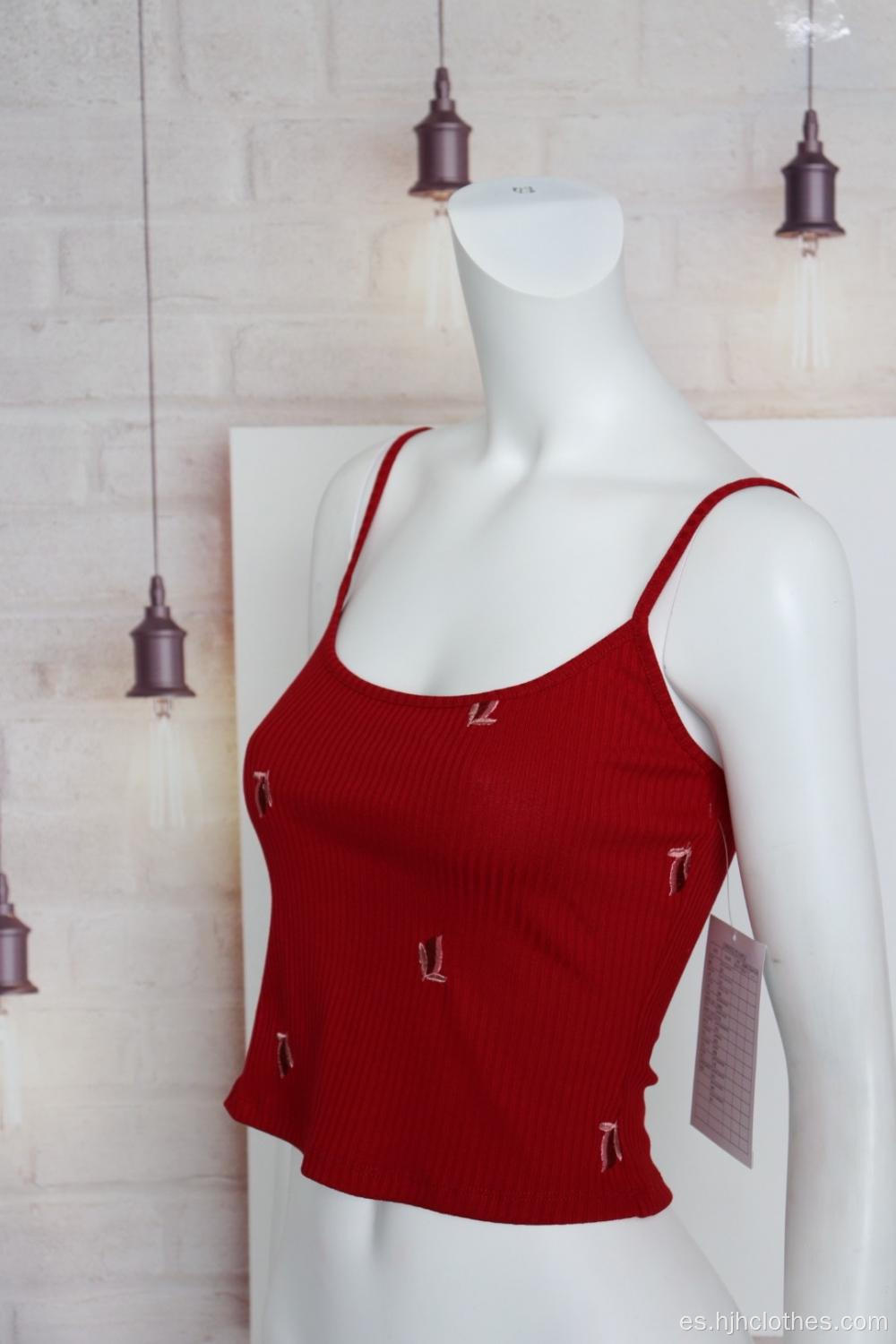 Camiseta sin mangas con cuello halter bordada roja para mujer