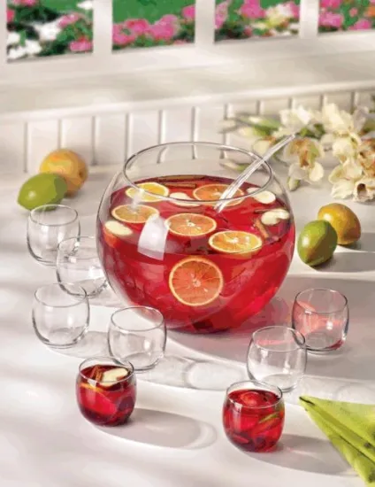 glass punch bowl set with cups and ladle