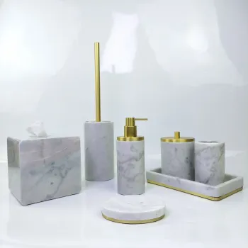 Carrara White Marble Bathroom Accessory Set with Gold Brass