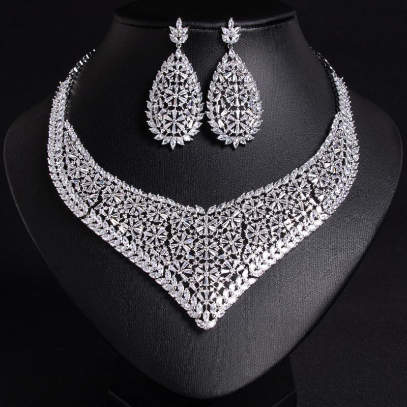 Floral Teardrop Bib Bridal CZ Jewelry Set