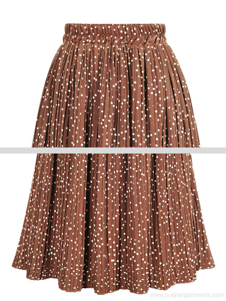 Printed Polka Dot Elastic Polyester Pleated Long Skirt