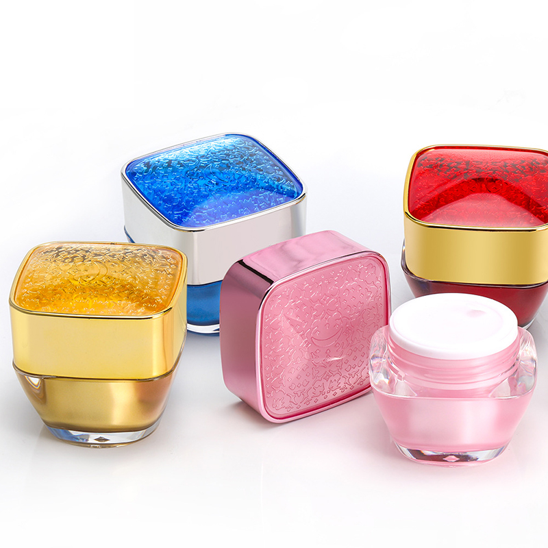 Luxury vacío plástico acrílico 20g Frascos cosméticos de crema de tapa de oro de belleza cuadrada de forma única