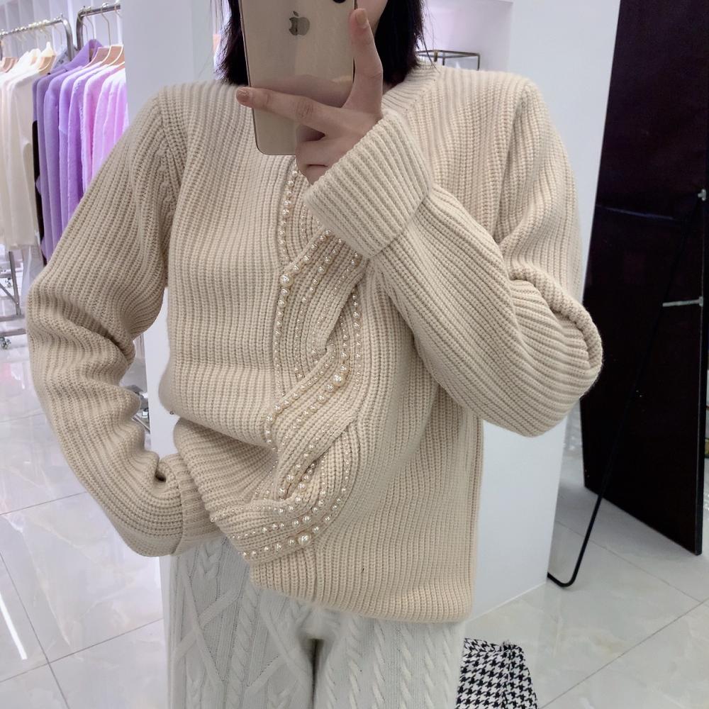 Hand-beaded wool knitted blouse for women