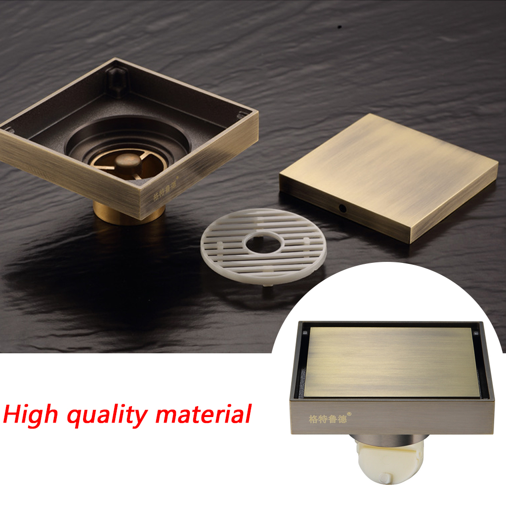 Retro Brass Shower Drain Bathroom Floor Drain Tile Insert Square Anti-odor Floor Waste Grates Strainer Balcony Toilet Bathtub