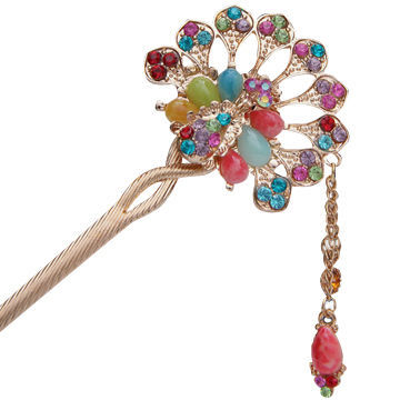 Colorful Rhinestones in Peacock Finished Elegant Charmful Hairpins, OEM/ODM Orders are Welcome