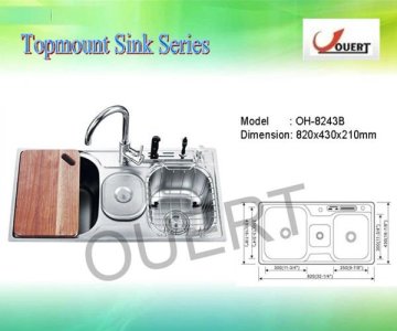 OH-8243B 2013 Newest Stainless Steel Sink, SUS 304 or SUS 201, Double Bowl Kitchen Sink WIth Dustbin