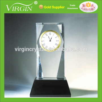 Popular crystal cube clock, block glass with black base as office desk decoration