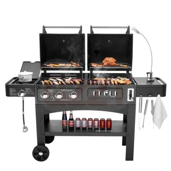 3 Burner Gas Charcoal Dual Use Grill Gas and Combo Grill Garden Courtyard Trolley Outdoor BBQ Grill with Side Burner Under Shelf