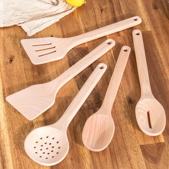 Set of 7 Beech Wood Non-Scratch Wooden Cooking Utensils: Durable Wooden Spoon and Kitchen Tool Ensemble