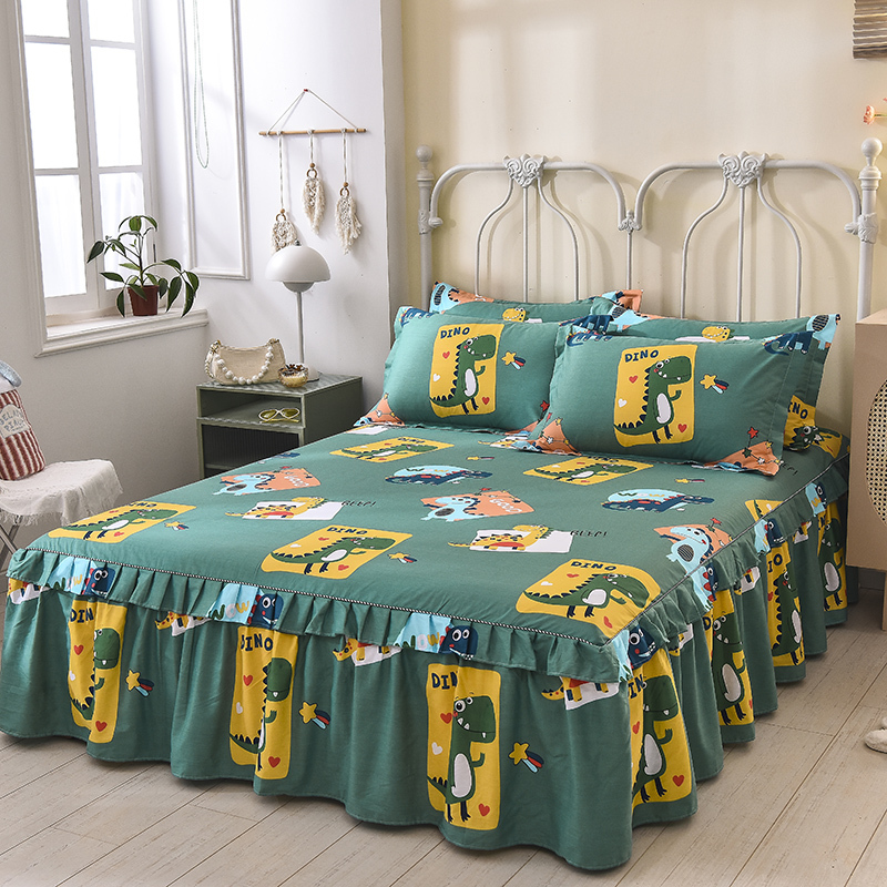 Printed cotton king size bed skirts set home