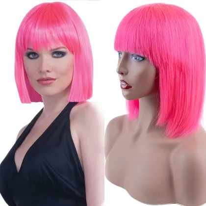Hot sales virgin long pink human hair bob wig with bangs