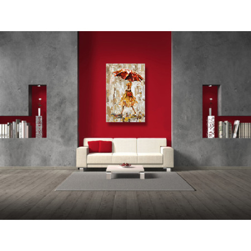 Girl in Rain Wall Art Red Umbrella Oil Painting