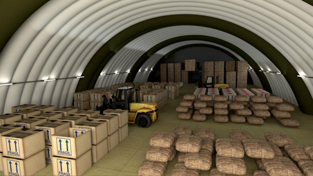 Interior of an inflatable warehouse with stored goods