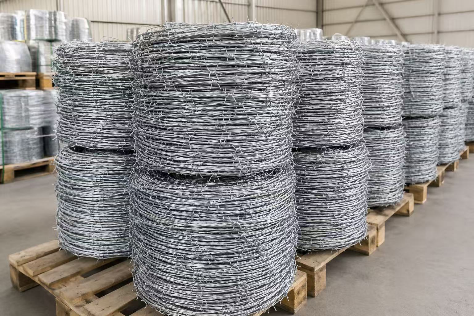 ANJIA Group galvanized barbed wire coils stacked on wooden pallets in warehouse ready for export shipment