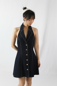 Sleeveless Dark Denim Halter Dress