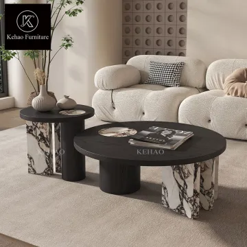 Round Natural Marble End Table for Living Room - Easy Assembly Wooden Coffee Table