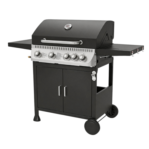 Parrilla de barbacoa de gas propano líquido de lujo con 5 quemadores, panel ranurado vertical y 3 ganchos para estante lateral derecho