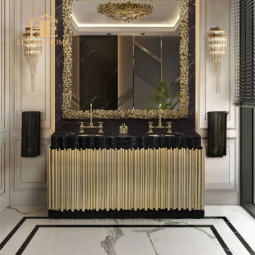 Customized Luxury Bathroom Cabinet with Black Marble Top and Stainless Steel Sink