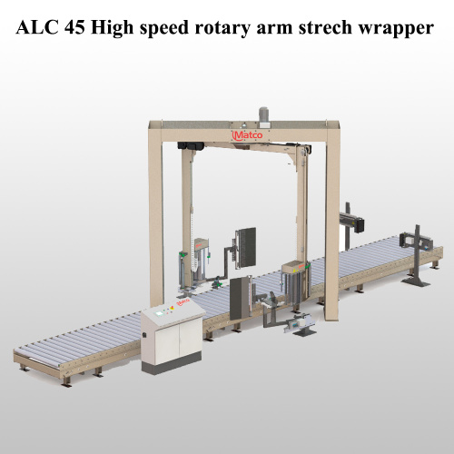 Rotary arm pre-stretch wrapping machine