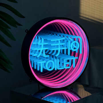 A customizable LED box with an abyss mirror finish, colorful acrylic neon lights, and luminous characters for logo display