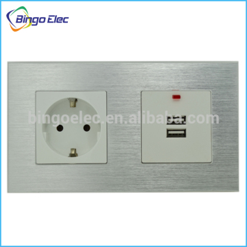 EU standard 2gang socket,Silver aluminum panel,16A germany socket with dual usb socket