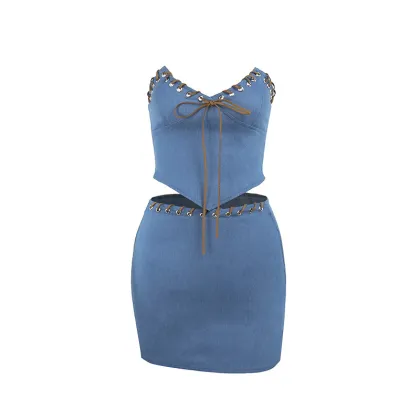 Strap Denim Strapless Top and Short Skirt Two-Piece Set