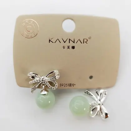 Stylish Silver Needle Butterfly Green Pearl Earrings