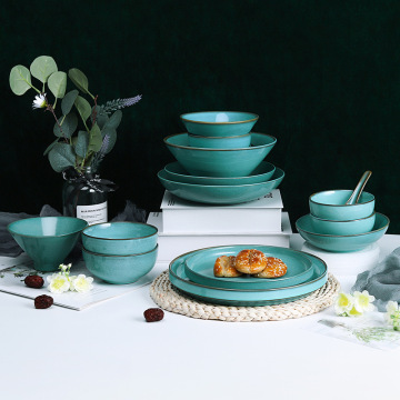 Nordic Crockery Dinnerware Set - Cyan Kiln Glaze Ceramic Dishes for Hotels