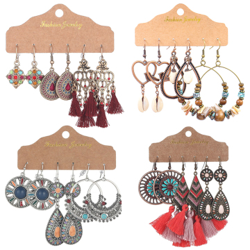 Boho in stile etnico retrò antico bronzo oro geometria rotonda del ciondolo di goccia per acqua cardiaca e abbinamento di orecchini da donna