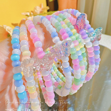 Colorful Cat Eye Crystal Beaded Friendship Bracelets with Flashing Butterfly Charms for Girls