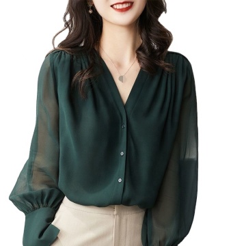Women's Long-sleeved V-neck Chiffon Top - Spring/Autumn French Design