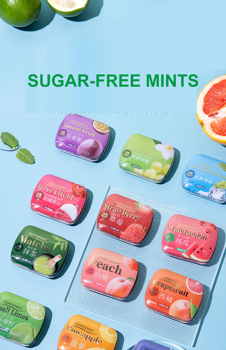 OEM ODM Vegan Fruit Flavor Fresh Breath Tin Box Hard Candy Vitamin C Support Sugar Free Mint Candy