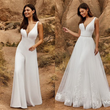 Satin -Hochzeits -Jumpsuit mit abnehmbarem Zug - 2 in 1 Spitzen -applizierte Brautkleid