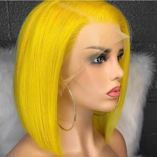 13x4 13x6 colorful human hair yellow bob hd lace frontal wig, 4x4 5x5 highlighted yellow color bob lace closure wig