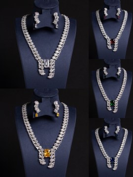 Rectangular Center Stone Paved CZ Bridal Necklace Earring Set