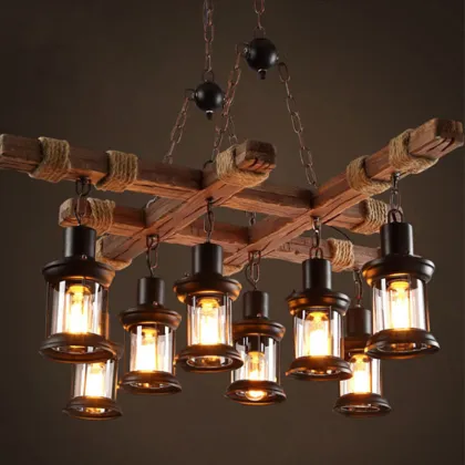 American Vintage Bar Cafe Restaurant Decor: Wooden Chandeliers & Pendant Lights