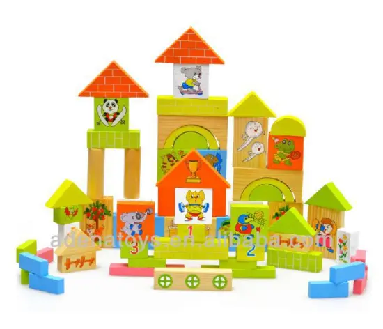 Wooden kids educational DIY Toys Building Block 69pcs Infant Animal School Building Block
