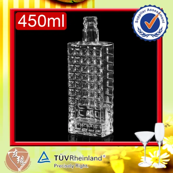 Heavy weight high grade brand embossed empty flat liquor spirit glass bottle 450 ml