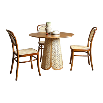 Factory Price Woven Cane Round Wood Dining Table for Restaurants