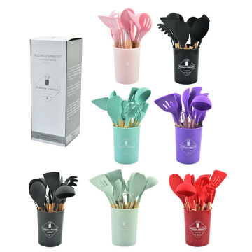 12-Piece Wooden Handle Silicone Kitchenware Set: Food Grade, High Temperature Resistant Spatulas and Soup Spoons - Hot Selling