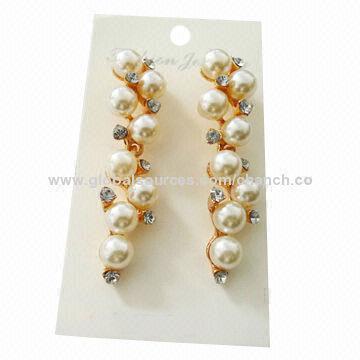 Elegant Drop Earrings with Imitation Pearls and Clear Rhinestones Decoration, Made of Alloy