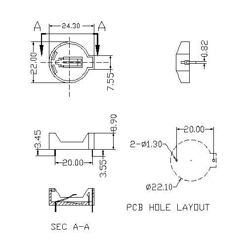 CR2032 Держатель батареи для корпуса корпуса погружается с штифтами ПК