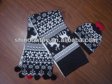 Simple custom beanie knitted hat and scarf black base color white snow and Reindeer pattern