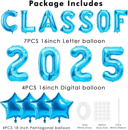 Blue graduation balloons for the class of 2025