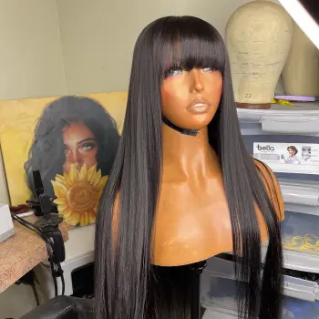 Affordable 30 Inch Brazilian Straight Black Wig with Bangs for Black Women