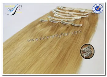 Wholesale high quality sew in human hair extensions blonde 100% virgin human hair clip in hair
