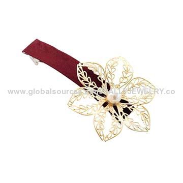 Custom Beautiful Barrette, Made of Alloy, Fabric and Imitation Pearl
