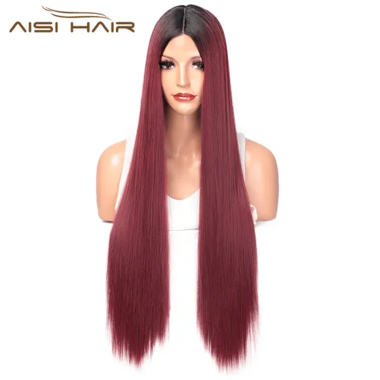 Aisi Hair Ombre Red Dark Root Wig Long Silky Straight Lace Frontal Wig Middle Part Synthetic Front Lace Hair Wigs For Women